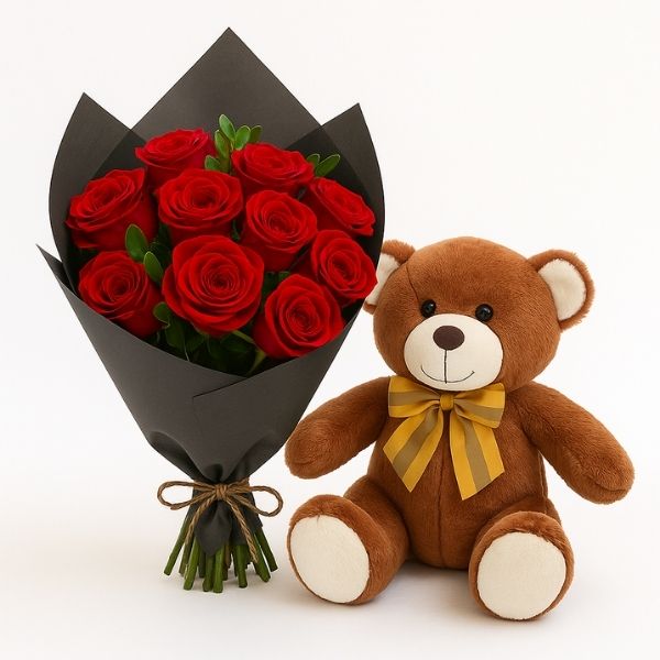 Buquê 10 Rosas & Ursinho